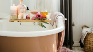 porcelain bathtub in the bathroom