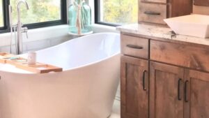 porcelain bathtub situated in a bathroom