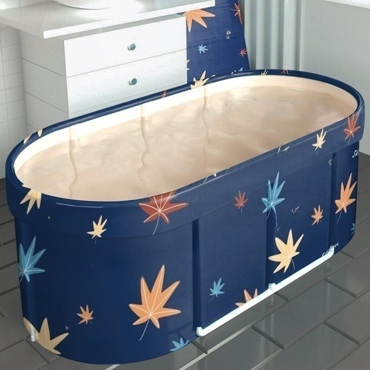 blue folding bathtub adorned with a maple leaf illustration