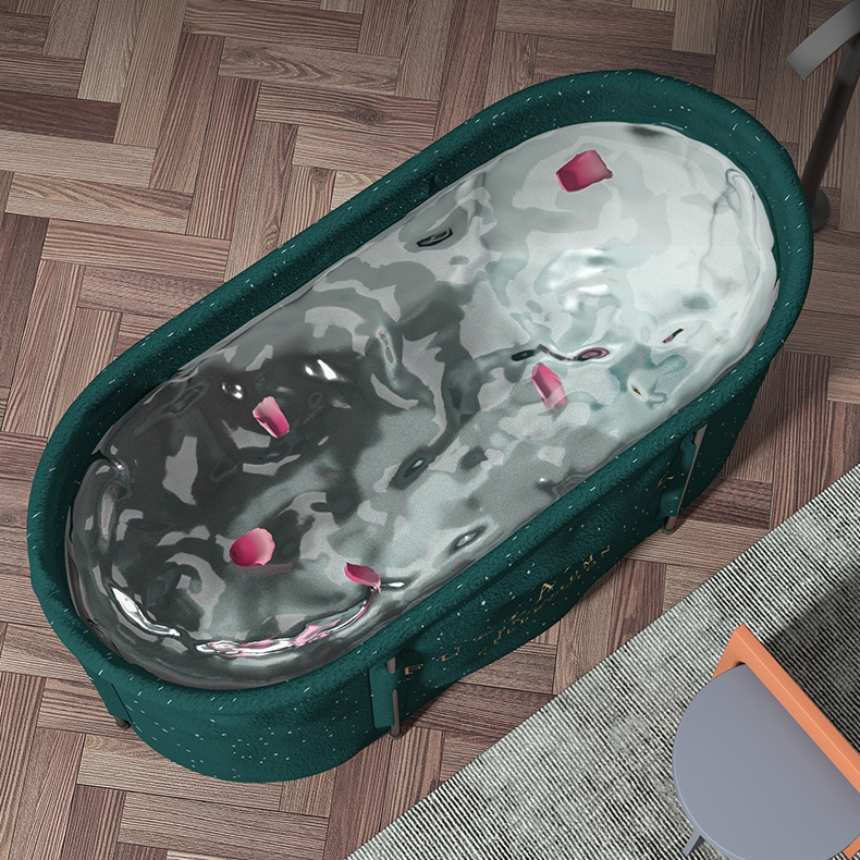 green collapsible bathtub brimming with water and scattered rose petals