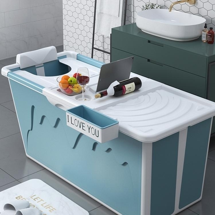 blue portable bathtub marked "I love you"