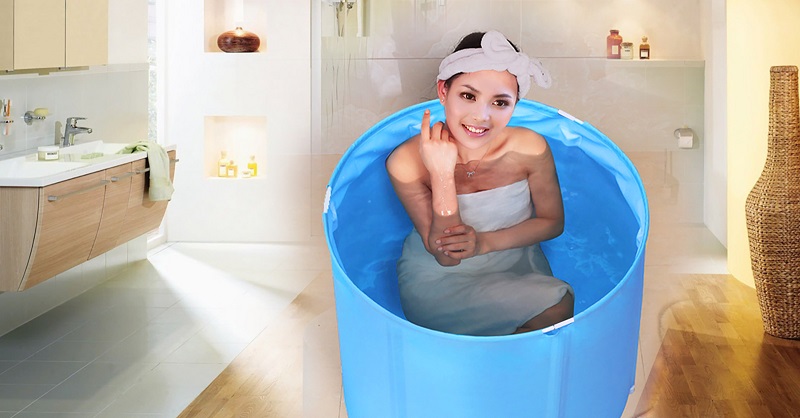 a woman in a blue bathtub